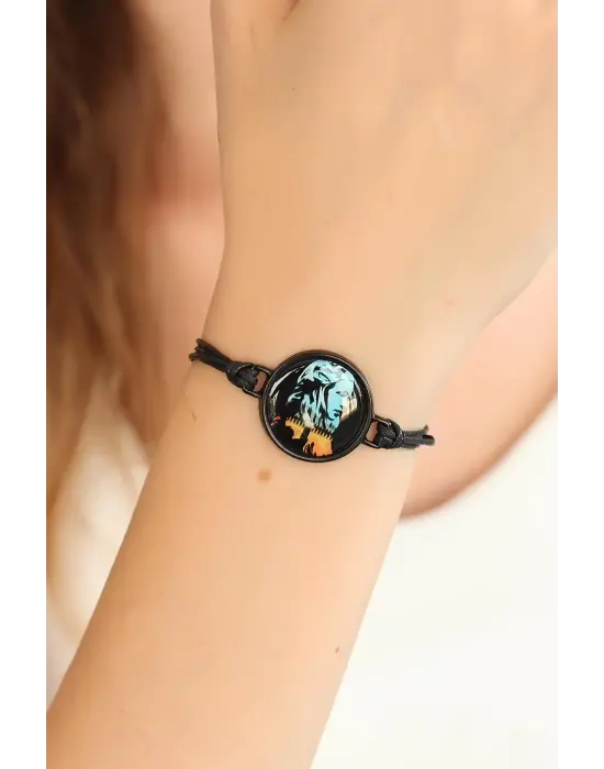Siyah Ayarlamalı İpli Resimli Bayan Bileklik