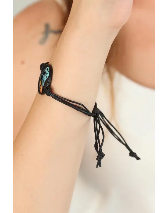 Siyah Ayarlamalı İpli Resimli Bayan Bileklik