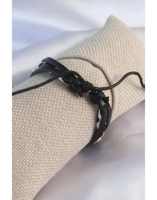 Siyah Beyaz Deri İpli Erkek Bileklik