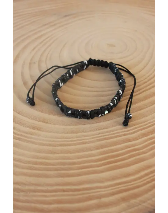 Siyah Beyaz Makrome Doğal Taş Erkek Bileklik