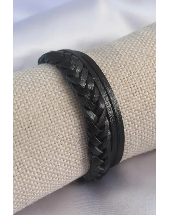 Siyah Burgu Model Deri Erkek Bileklik