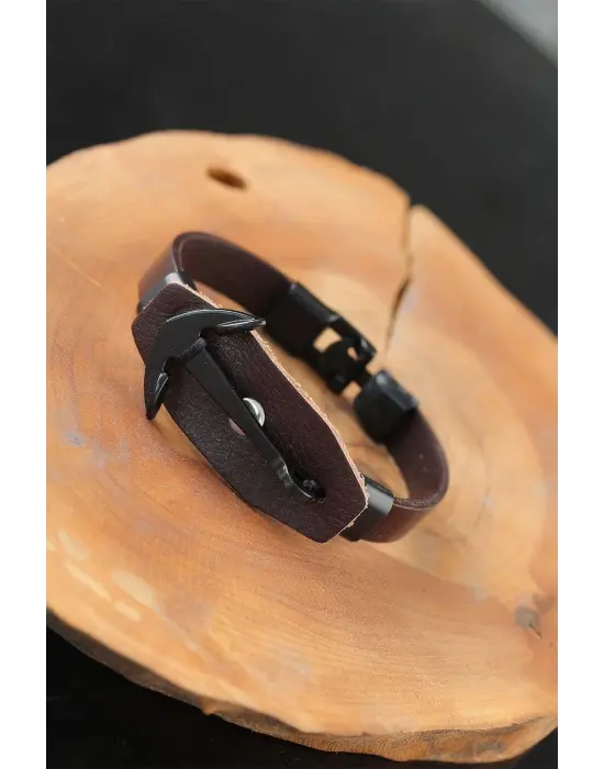 Siyah Deniz Çapalı Çelik Aksesuarlı Kahverengi Deri Erkek Bileklik