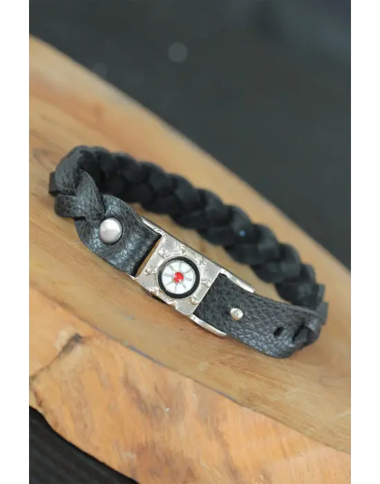 Siyah Deri Gemici Dümeni Aksesuarlı Erkek Bileklik