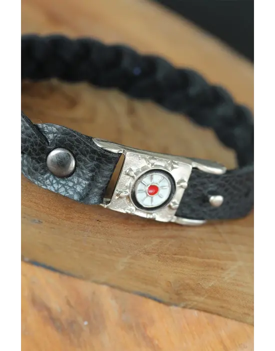 Siyah Deri Gemici Dümeni Aksesuarlı Erkek Bileklik