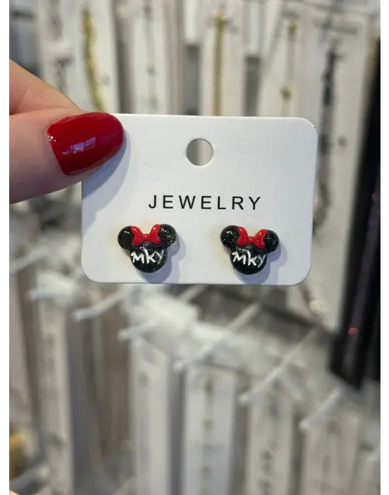 Siyah Fiyonklu Mickey Mouse (Fare) Çizgi Film Karakteri Çelik Çocuk Küpesi