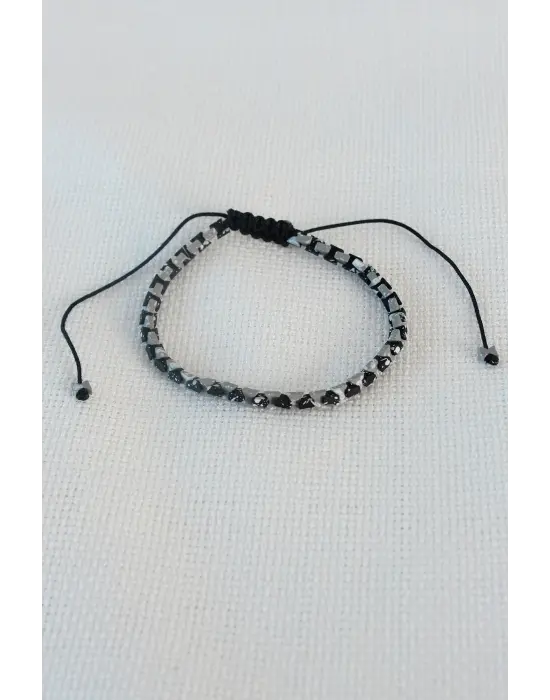 Siyah Gri Makrome Doğal Taş Erkek Bileklik