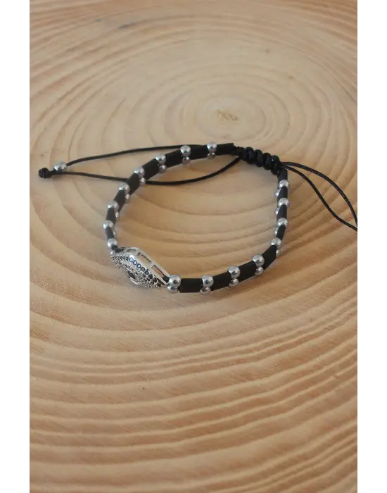 Siyah Gümüş Renk Zirkon Taşlı Makrome Doğal Taş Erkek Bileklik