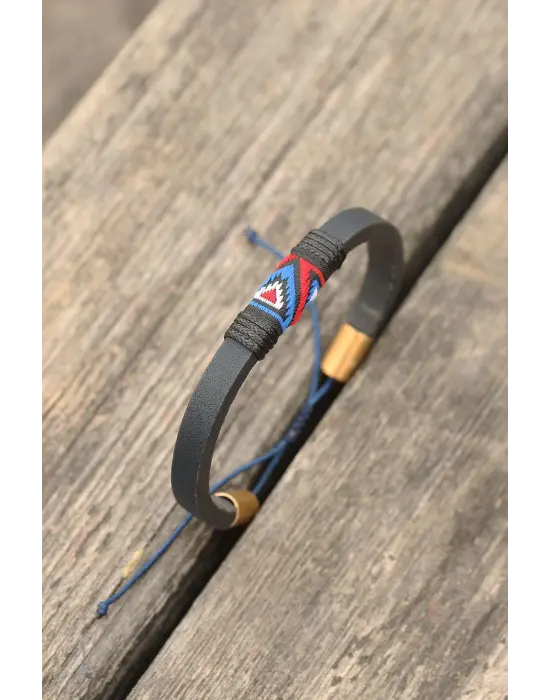 Siyah İpli Etnik Desenli Kadın Deri Bileklik