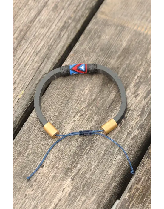 Siyah İpli Etnik Desenli Kadın Deri Bileklik