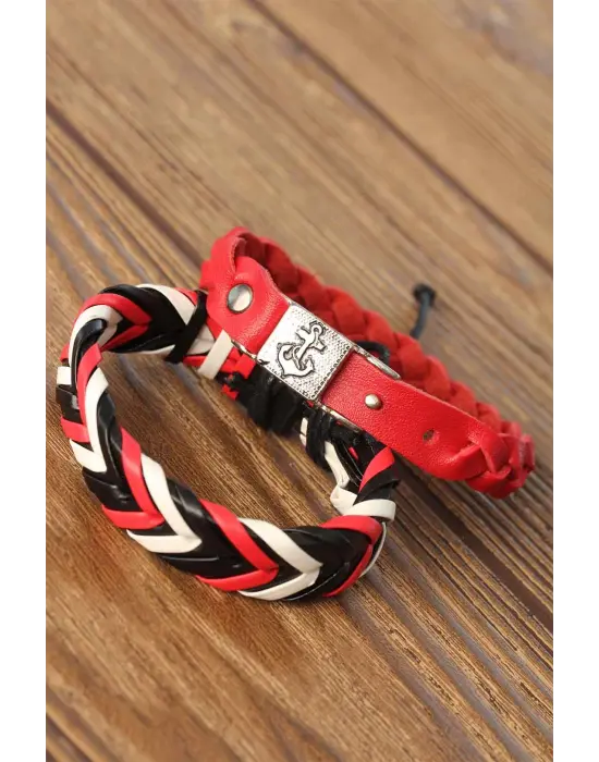 Siyah Kırmızı Renk Deri Erkek Bileklik Kombin