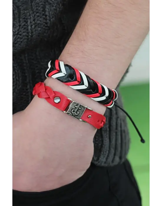 Siyah Kırmızı Renk Deri Erkek Bileklik Kombin