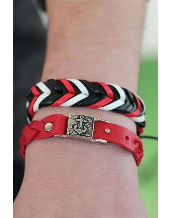 Siyah Kırmızı Renk Deri Erkek Bileklik Kombin