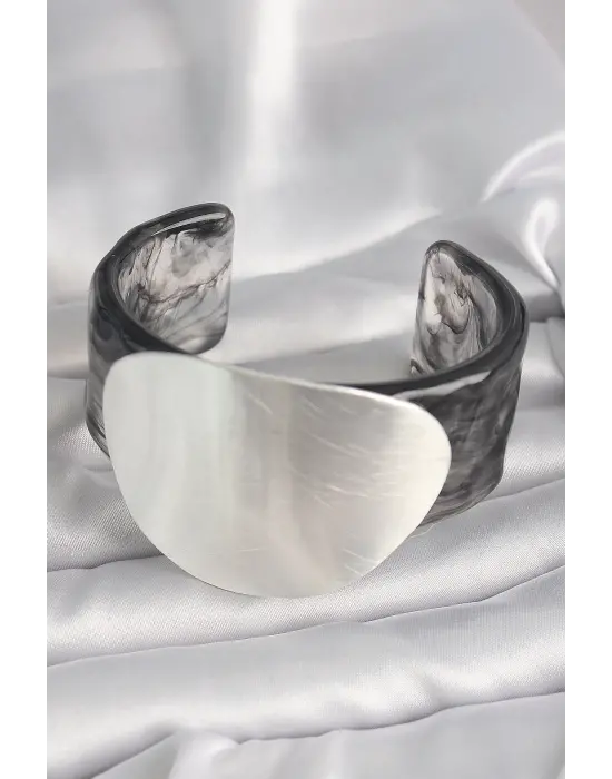 Siyah Mermer Desen Akrilik Pilastik Gümüş Plaka Model Vintage Kadın Bilezik