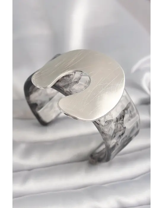 Siyah Mermer Desen Akrilik Plaka Vintage Kadın Bilezik