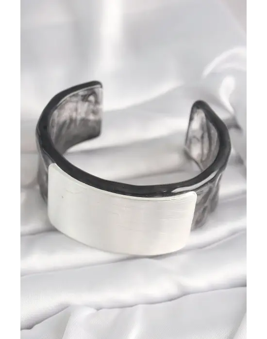 Siyah Mermer Desen Akrilik Plastik Dikdörtgen Plaka Model Vintage Kadın Bilezik