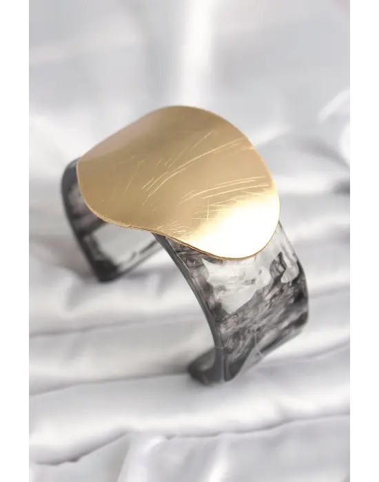 Siyah Mermer Desen Akrilik Plastik Gold Daire Plaka Model Vintage Kadın Bilezik