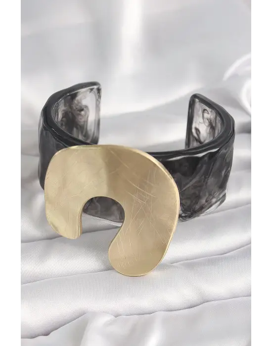 Siyah Mermer Desen Akrilik Plastik Gold Nal Model Plaka Vintage Kadın Bilezik