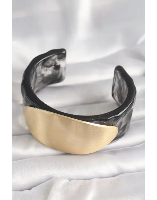 Siyah Mermer Desen Akrilik Plastik Gold Oval Plaka Model Vintage Kadın Bilezik