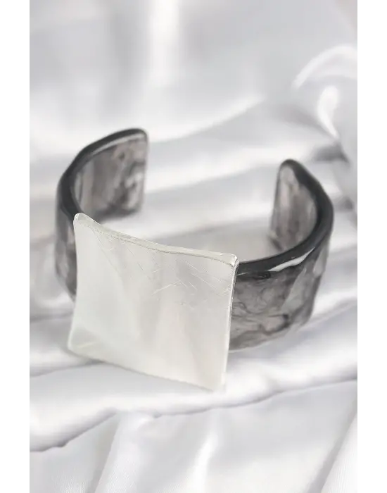 Siyah Mermer Desen Akrilik Plastik Gümüş Kare Plaka Model Vintage Kadın Bilezik