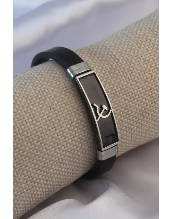 Siyah Metal Çekiç Orak Model Siyah Deri Erkek Bileklik