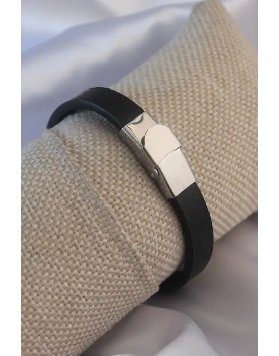 Siyah Metal Çekiç Orak Model Siyah Deri Erkek Bileklik