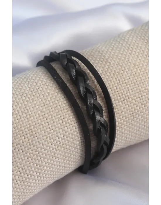 Siyah Ördü Model Deri Erkek Bileklik