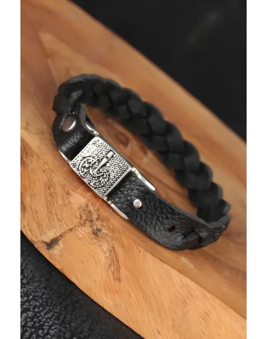 Siyah Örgü Model Deri Erkek Bileklik