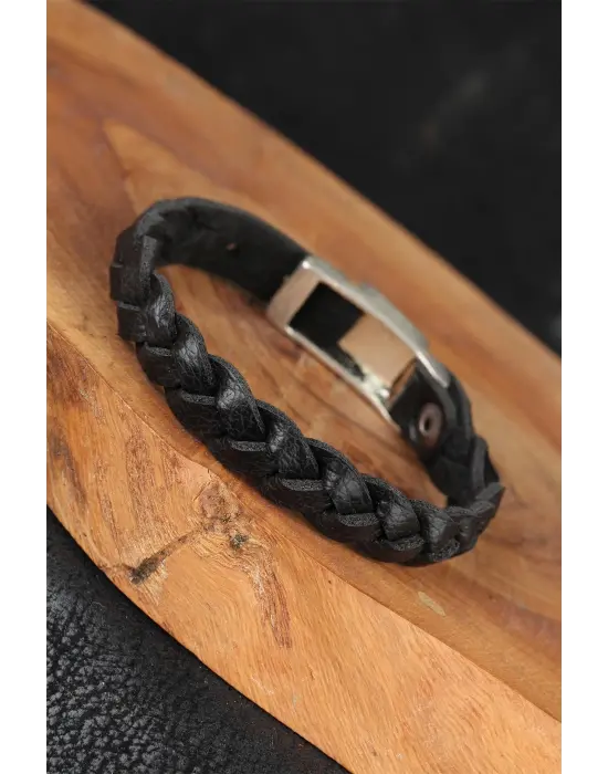 Siyah Örgü Model Deri Erkek Bileklik