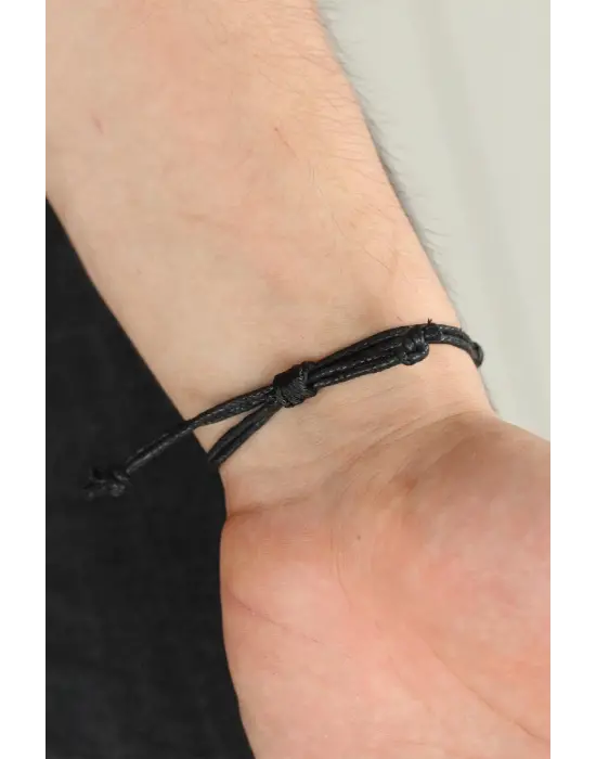 Siyah Renk Deri Ayarlamlı İpli Kayı Boyu Erkek Bileklik