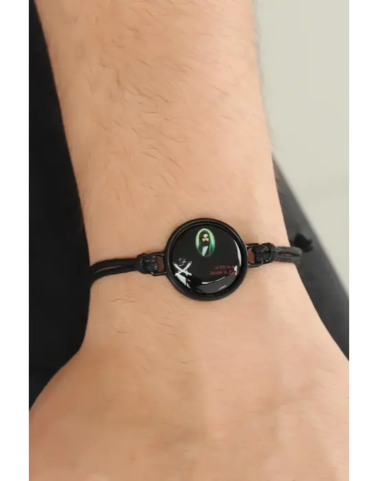 Siyah Renk Deri Ayarlamlı İpli Ya Ali Erkek Bileklik