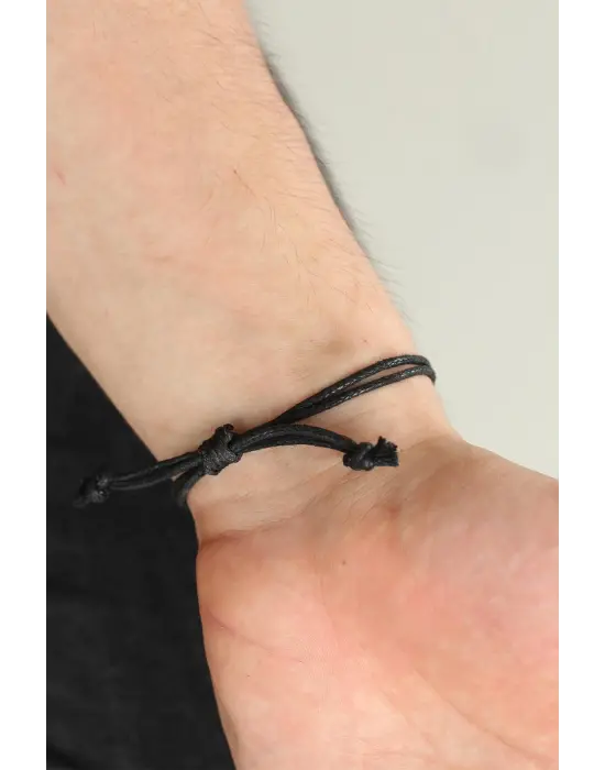 Siyah Renk Deri Ayarlamlı İpli Ya Ali Erkek Bileklik