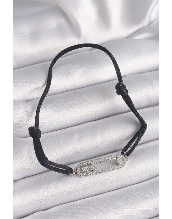 Siyah Renk İpli Asansör Zirkon Taşlı Gümüş Messika Model Kadın Bileklik