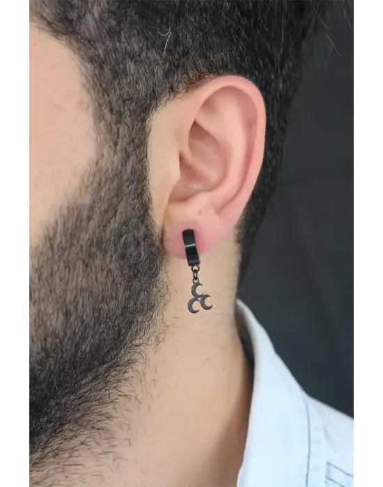 Siyah Renk Kaplama 3 Hilal Figürlü Çelik Kıstırmalı Erkek Küpe