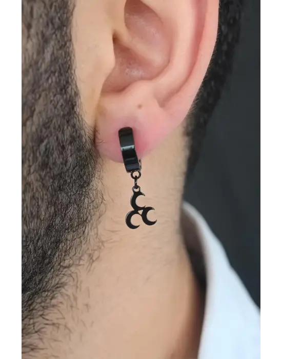 Siyah Renk Kaplama 3 Hilal Figürlü Çelik Kıstırmalı Erkek Küpe