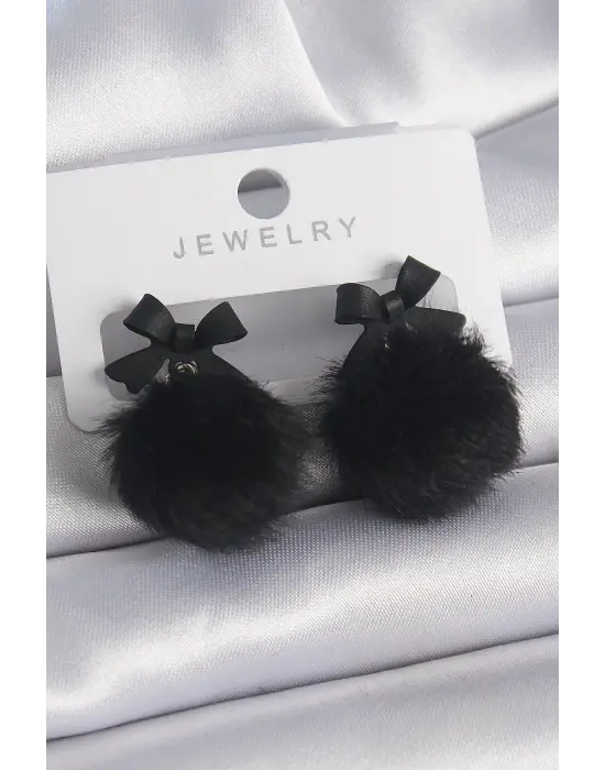 Siyah Renk Kurdele Ponpon Model Çelik Küpe