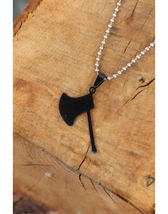 Siyah Renk Metal Balta Uçlu Top Zincirli Erkek Kolye