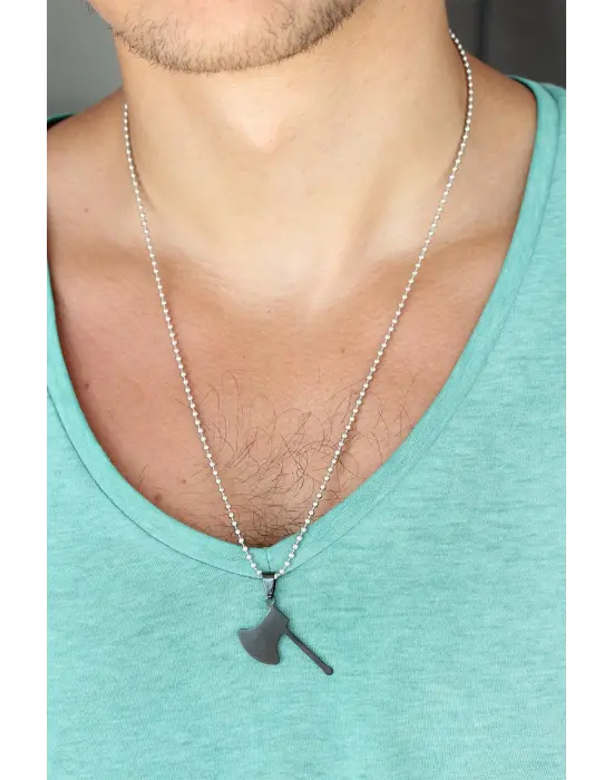 Siyah Renk Metal Balta Uçlu Top Zincirli Erkek Kolye