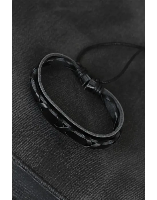 Siyah Renk Örgü Deri Erkek Bileklik