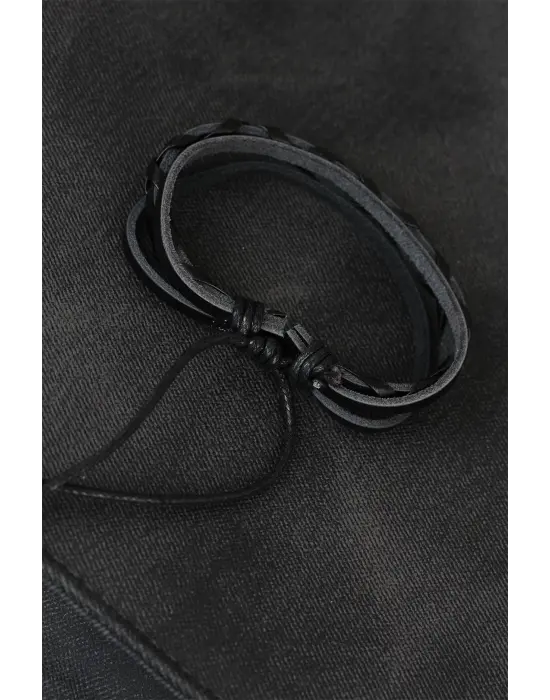 Siyah Renk Örgü Deri Erkek Bileklik