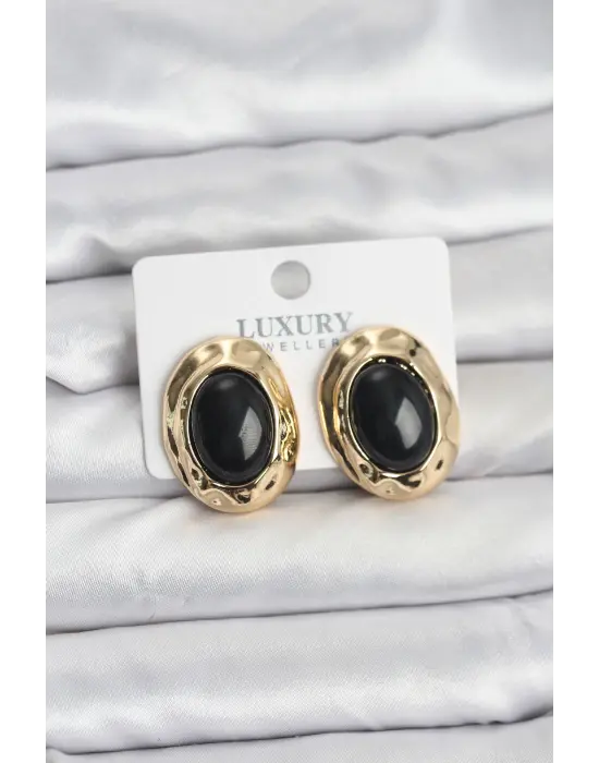 Siyah Renk Oval Vintage Pirinç Kadın Küpe