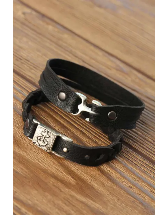 Siyah Renkli Deri Erkek Bileklik Kombin