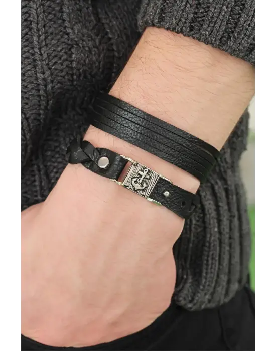 Siyah Renkli Deri Erkek Bileklik Kombin