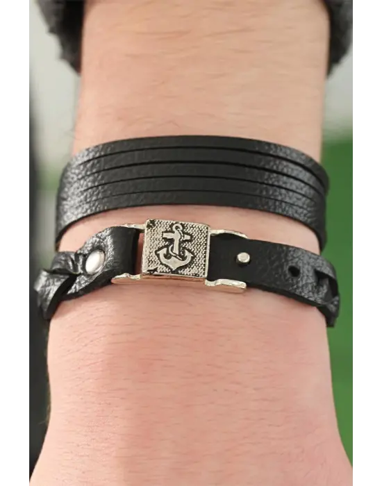 Siyah Renkli Deri Erkek Bileklik Kombin