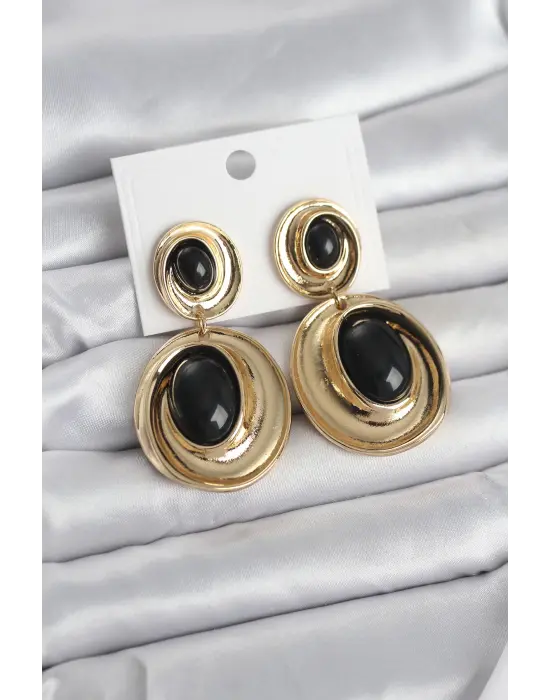 Siyah Sallantılı Damla Model Gold Renk Vintage Kadın Küpe