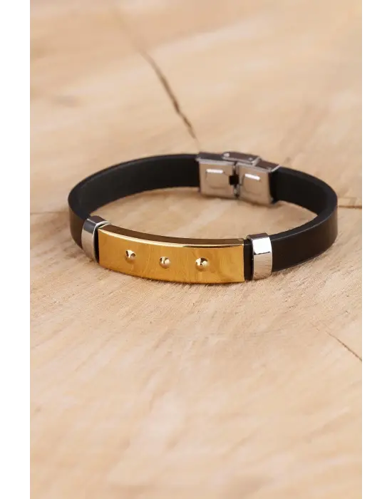 Siyah Silikon Çelik Aksesuar Tasarımlı Detaylı Erkek Bileklik