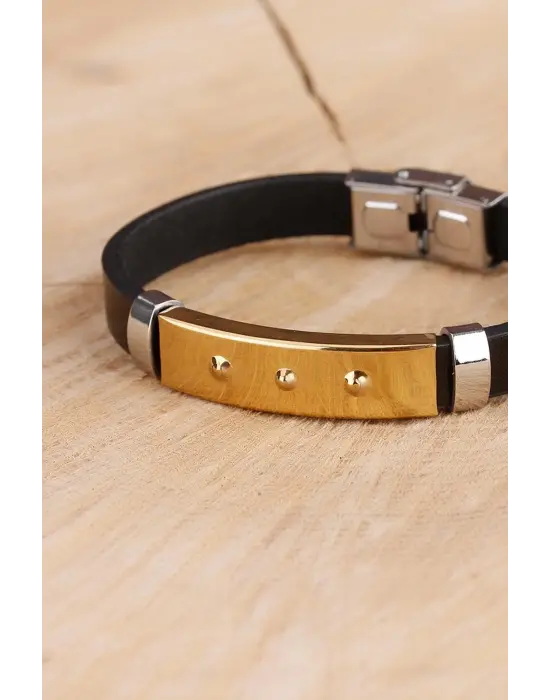 Siyah Silikon Çelik Aksesuar Tasarımlı Detaylı Erkek Bileklik