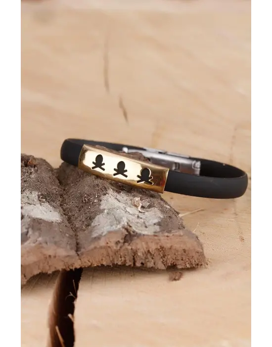 Siyah Silikon Sarı Renk Çelik Aksesuar Kuru Kafa Detaylı Erkek Bileklik