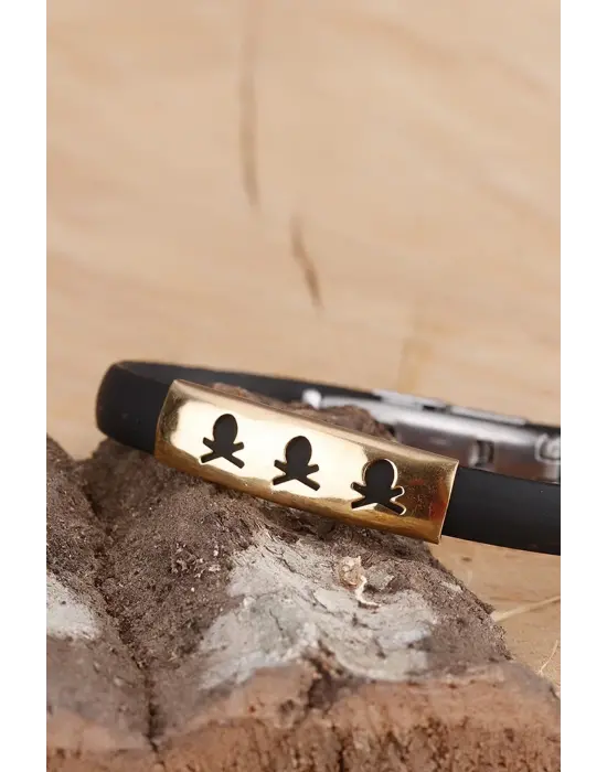 Siyah Silikon Sarı Renk Çelik Aksesuar Kuru Kafa Detaylı Erkek Bileklik