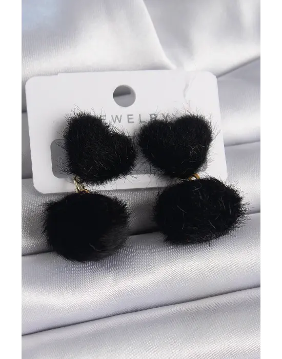 Siyah Tüylü Ponpon Model Çelik Küpe