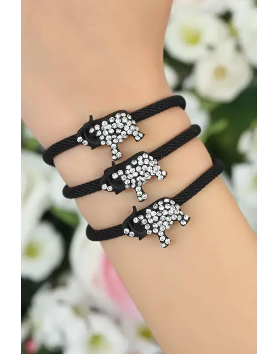 Siyah  Zirkon Taşlı Fil Aksesuarlı Metal Bayan Bileklik